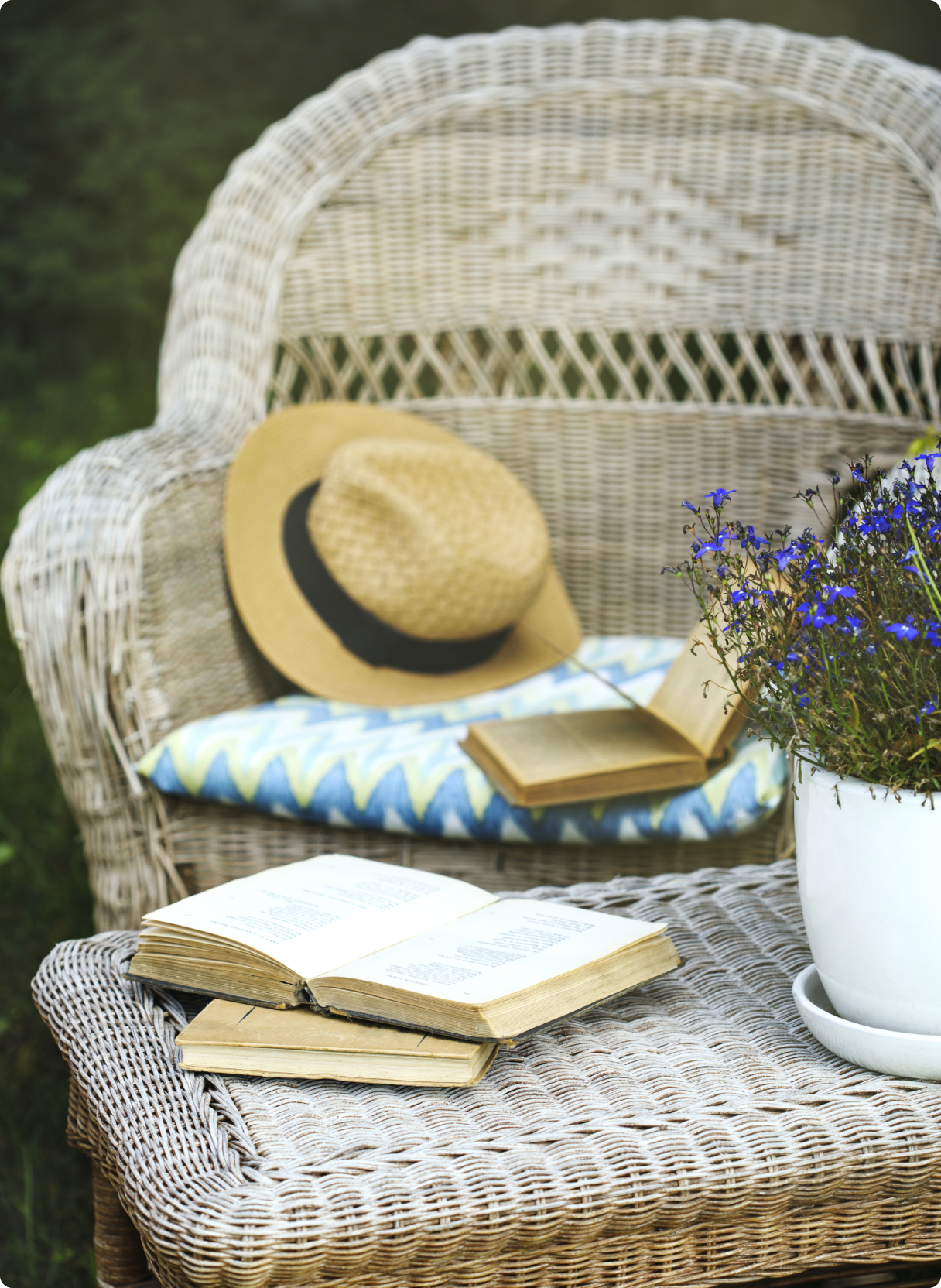 Books and flowers arranged in a garden